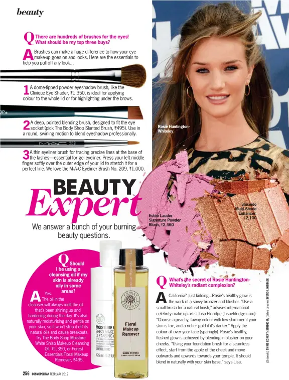  ??  ?? 1A
dome-tipped powder eyeshadow brush, like the Clinique Eye Shader, ` 1,350, is ideal for applying colour to the whole lid or for highlighti­ng under the brows. Rosie Huntington­Whiteley Estée Lauder r Signature Powder wder Blush, ` 2,460
Shiseido...