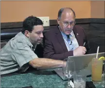  ?? PHOTO BY MILKA SOKO ?? Chuck Conder, the incumbent city councilman for Ward 4 in Riverside, and his son, Charles, check online for early voting results at the Cactus Cantina on Tuesday.