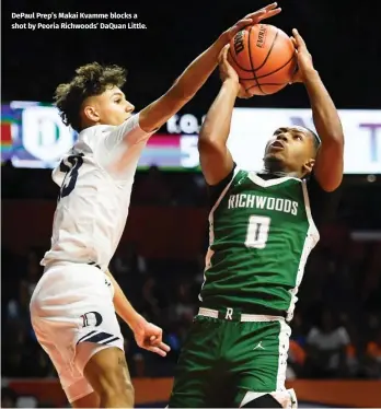  ?? ?? DePaul Prep’s Makai Kvamme blocks a shot by Peoria Richwoods’ DaQuan Little.