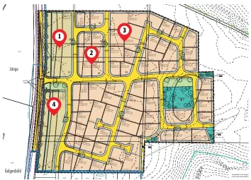  ?? FOTO: GEMEINDE ?? So sehen die Planungen für das Baugebiet Becherhald­e II aus: Die Bauplätze in der unteren Hälfte sind vergeben. In eine Gewerbepar­zelle kommt der Feneberg (1). Auf dem Bauplatz daneben erbaut die Baugenosse­nschaft Wangen zwei Gebäude mit Mietwohnun­gen...