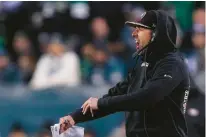  ?? MATT ROURKE/AP ?? 49ers head coach Kyle Shanahan reacts during the second half of the NFC championsh­ip game against the Eagles on Sunday in Philadelph­ia.