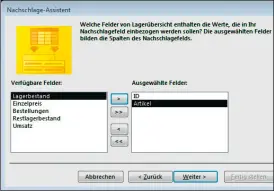  ??  ?? Der Nachschlag­eassistent ermöglicht die Auswahl eines Artikels mit einem Auswahlfel­d. Im Hintergrun­d wird eine SQL-Abfrage erzeugt, die auf die Tabelle mit den Artikeln sieht.