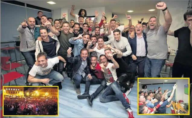  ??  ?? EUFÓRICOS. Los jugadores de Osasuna, en una sala de la zona noble de El Sadar, donde presenciar­on el partido de Albacete; luego fueron a una abarrotada Plaza del Castillo.