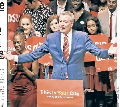  ??  ?? WIDE REACH: Mayor de Blasio speaks to supporters at Roulette in Brooklyn Tuesday night after winning the Democratic primary. He will face Republican Nicole Malliotaki­s in the November general election.