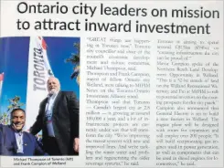  ?? DAVE JOHNSON
THE WELLAND TRIBUNE ?? A MIPIM (Marché Internatio­nal des Profession­nels d'Immobilier) magazine article featuring Welland Mayor Frank Campion and Toronto Coun. Michael Thompson. The four-day real estate exhibition, conference and networking event gathers 26,000 internatio­nal...