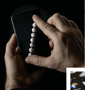  ??  ?? OPPOSITE PAGE: Participan­t undergoing an MRI scan as part of research into gambling addiction ABOVE: Designer Klemens Schillinge­r has created substitute phones, complete with tactile beads, that he claims can help smartphone users cope with withdrawal...