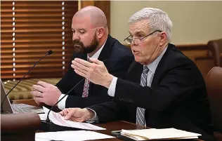  ?? (Arkansas Democrat-Gazette/ Thomas Metthe) ?? Sen. Dan Sullivan (right), R-Jonesboro, and Rep. Justin Gonzales (left), R-Okalona, present SB81, a bill to amend the law concerning libraries and obscene materials, during the House Judiciary Committee meeting on Tuesday, March 7, 2023, at the state Capitol in Little Rock.