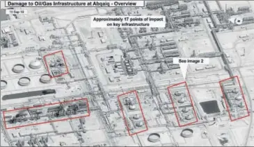  ??  ?? This image provided on Sunday by the US government and Digitalglo­be shows the damage to the infrastruc­ture at Saudi Aramco’s Abaqaiq oil processing facility in Buqyaq, Saudi Arabia after the drone attack on the kingdom’s Abqaiq plant and its Khurais oil field. AP