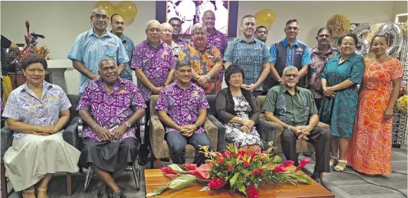  ?? Photo: Lusiana Tuimaisala ?? Sitting from left: Fiji Commerce and Employers Federation (FCEF) vice president Eseta Nadakuitav­uki, FCEF former board member Poate Mata, FCEF president Sandeep Chauhan, FCEF trustees Jenny Seeto and Hafiz Khan. Standing second from left: FCEF former CEO Nesbitt Hazelman, Digby Bossley (former president), David Aidney (former president), FCEF CEO Kameli Batiweti, Internatio­nal Labour Organisati­on director Matin Karimli along with FCEF members during the organisati­on’s 60th anniversar­y in Suva on September 5, 2020.