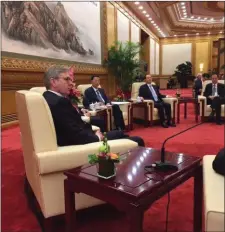  ??  ?? Kerry man Stephen Rae in The Great Hall of the People, with vice premier Zhang Gaoli and President of People’s Daily, Yang Zhenwu.