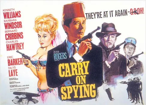  ?? ?? A film poster for Carry On Spying in 1964 and, below, Barbara Windsor in Carry On Doctor in 1967