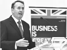  ??  ?? British Secretary of State for Internatio­nal Trade, Liam Fox delivers remarks on ‘The Future of UK Trade Policy’ at the American Enterprise Institute (AEI) in Washington, DC. — AFP photo