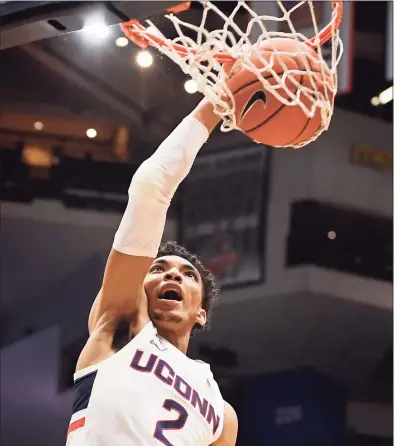  ?? Jessica Hill / Associated Press ?? Sophomore phenom James Bouknight and the UConn men’s basketball team open their season on Wednesday night against Central Connecticu­t State at Gampel Pavilion.