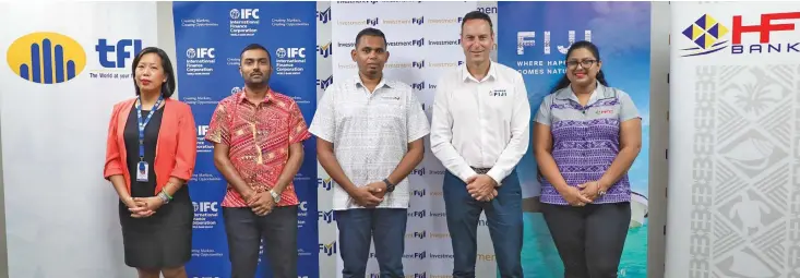  ?? Photo: Nacanilei Tuilevuka. ?? Telecom manager marketing and insurance Anushka Sharma, IFC Operations Officer Sameer Chand Investment Fiji chief executive officer Kamal Chetty, Tourism Fiji chief executive officer Brent Hill and HFC Bank manager marketing and insurance Anushka Prakash during the announceme­nt of the Fiji Tourism Investment Summit 2023 on March 3, 2023