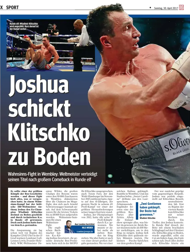  ??  ?? Runde elf: Wladimir Klitschko wird angezählt. Kurz darauf ist der Kampf vorbei.