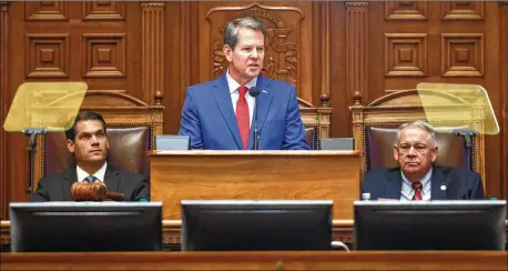  ?? BOB ANDRES / BANDRES@AJC.COM ?? In his annual State of the State address Thursday, Gov. Brian Kemp declared gang violence to be a crisis in Georgia, even as U.S. Justice Department figures show that in 2018, violent crime in the state was down 13% from 2011 — and in fact has been in sharp decline since the 1990s. “These organized crime units are flooding our streets with weapons, drugs, violence and fear,” Kemp said.