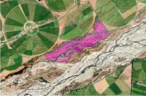  ??  ?? The area in pink shows the extent of the works carried out by a North Canterbury farmer in breach of the Resource Management Act.