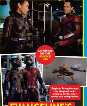  ??  ?? Bugbear: B Evangeline says her Wasp suit looks amazing, but the way it moves m isn’t as impressive. ANT-MAN AND THE WASP, IN CINEMAS NOW