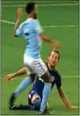  ??  ?? LUCKY MAN: Kane (right) was booked for this lunge on Sterling