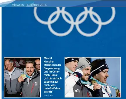  ?? GEPA (2), APA ?? Marcel Hirscher strahlte bei der Siegerehru­ng und im Österreich-Haus: „Ich bin einfach saustolz auf mich, was mein Skifahren betrifft“