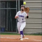  ?? ?? Junior first baseman and Arkansas State University­Newport commit Mychal Duvall moves her glove in position to make an out.