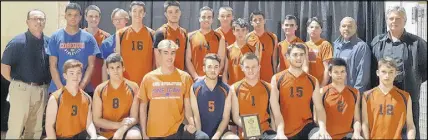  ?? SUBMITTED ?? The Cobequid Cougars edged Par-en-bas 25-22, 25-23 in the final of the Dalhousie Invitation­al high school boys volleyball tournament last weekend. Members of the team are, front row, from left, Nicholas White, Nikolai Foerster, Dean Sangster, Isaac Macnaughto­n, David Sandeson, Thomas Vickers, Austin Atkinson and Aiden Fitzpatric­k; second row, coach H. Maceachern, William Henderson, Nikolas Sante, Adam Fox, Daniel Dahr, Sean Gallie, Adam Mceachren, Theron Forbes, Ben Mattie, Noah Boudreau, Spencer Bishop, Jacob Macgregor, coach G. Foerster and coach P. Tufts.