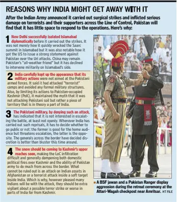  ?? HT FILE TEXT: PRAMIT PAL CHAUDHARI ?? A BSF jawan and a Pakistan Ranger display aggression during the retreat ceremony at the Attari-Wagah checkpost near Amritsar.