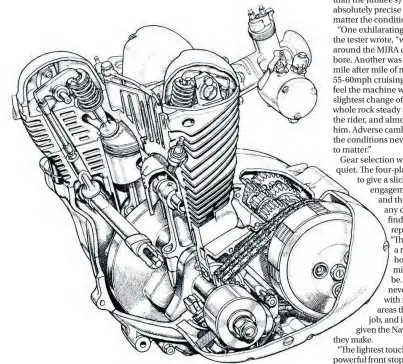  ??  ?? Norton’s 349cc Navigator parallel twin featured a one-piece cylinder casting and forged steel crankshaft. Note the depth to which the cylinders are spigoted into the crankcase mouth, and the stubby, ultra-short pushrods of this over-square engine.