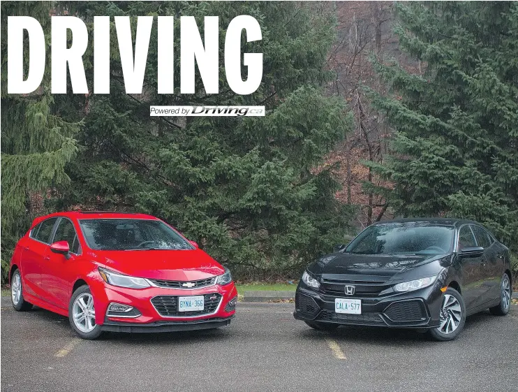  ?? — CLAYTON SEAMS/DRIVING.CA ?? The 2017 Chevrolet Cruze Hatchback offers good visibility and shoulder room, while the 2017 Honda Civic Hatchback is a faster drive.