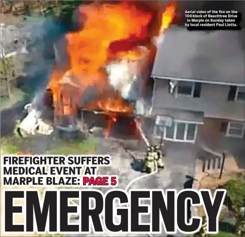  ?? SUBMITTED PHOTO ?? Aerial video of the fire on the 100 block of Beechtree Drive
in Marple on Sunday taken by local resident Paul Liotta.