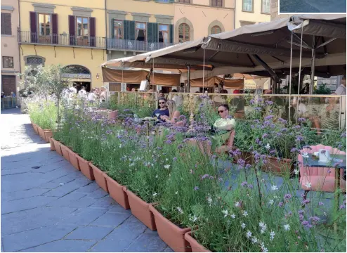  ?? ?? Al tavolo In alto un turista addormenta­to ai tavolini extra dell’osteria Orcagna dopo pranzo. Sopra i vasi, le piante e le poltrone rosa confetto al Rivoire