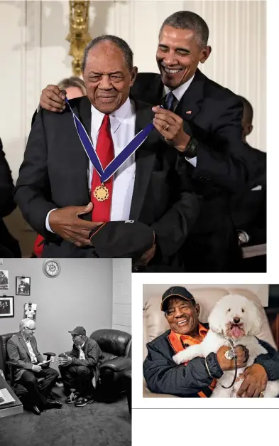  ??  ?? STUFF OF LEGENDS Clockwise from top: President Barack Obama presents the Presidenti­al Medal of Freedom to Mays in 2015; Mays with his poodle, Giant; and with co-author John Shea in February.