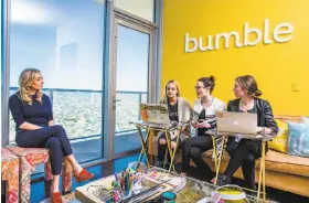  ?? Drew Anthony Smith / New York Times 2017 ?? Whitney Wolfe Herd meets with staffers at the offices of Bumble, her dating app startup. Bumble will severely limit images of firearms from its users.