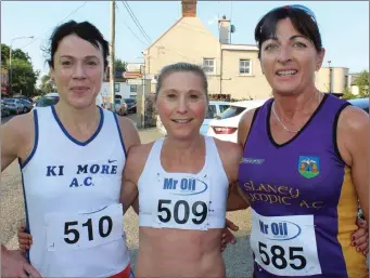  ??  ?? The first three home in the ladies’ Masters road race (from left): Helen Doyle (Kilmore, second), Jackie Carthy (Kilmore, first) and Catherine Roche (Slaney Olympic, third).