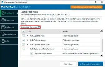  ??  ?? Adwcleaner spürt potenziell unerwünsch­te Programme, Adware und Toolbars auf. Sie können aber selbst entscheide­n, welche Sie löschen und welche Sie behalten möchten.