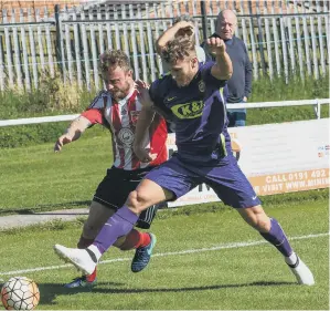  ??  ?? Sunderland RCA’s Clayton Davis (stripes) battles against Ryhope CW, while Nathan O’Neill (right) fights in the air against his former club.