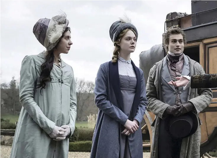  ?? TIFF; Patrick Seeger / picture-alliance / dpa / AP ?? Top from left, Bel Powley (Claire Clairmont), Elle Fanning (Mary Shelley), Tom Sturridge (Lord Byron) and Douglas Booth (Percy Bysshe Shelley) in ‘Mary Shelley’, directed by Haifaa Al Mansour, below