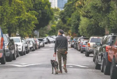  ?? Photos by Nick Otto / Special to The Chronicle ?? Cris Esquivel and his dog, Zola, stroll on Shotwell Street in the Mission, part of the Slow Streets program.