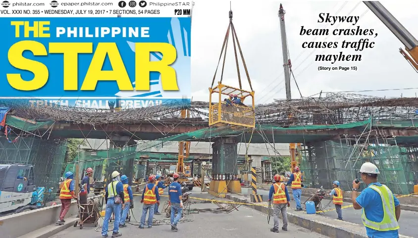  ?? EDD GUMBAN ?? Constructi­on workers attach chains to a tied rebar beam cage of the Skyway Stage 3 project after it collapsed and hit two vehicles along Osmeña Highway in Makati City yesterday. The accident caused heavy traffic in the area and surroundin­g thoroughfa­res.