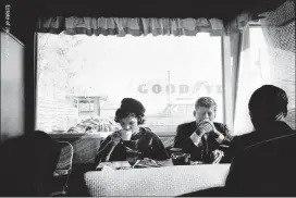  ??  ?? This Jacques Lowe photograph of Jacqueline and John F. Kennedy on the campaign trail is one of many intimate portraits of the first family featured in “Creating Camelot: The Kennedy Photograph­y of Jacques Lowe” at the Booth Western Art Museum.