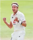  ?? AP ?? England’s Stuart Broad celebrates the dismissal of Kraigg Brathwaite to reach 500-wicket mark in Tests.