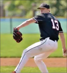  ?? KYLE FRANKO — TRENTONIAN PHOTO ?? Hun pitcher Jack Erbeck throws to the plate against Peddie during the Prep A championsh­ip round on Sunday.