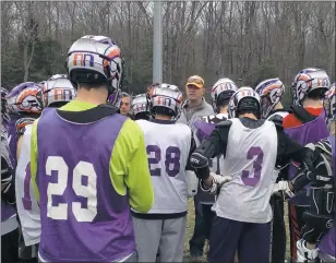  ?? SUBMITTED PHOTO ?? McDonough head coach Michael Ferriter speaks to his boys lacrosse team in practice on Thursday as they prepare for the 2017 season. The Rams open the season on the road at 5 p.m. today versus county foe Lackey in Indian Head.