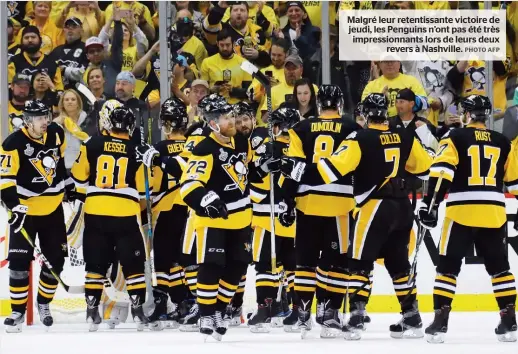  ??  ?? Malgré leur retentissa­nte victoire de jeudi, les Penguins n’ont pas été très impression­nants lors de leurs deux revers à Nashville.