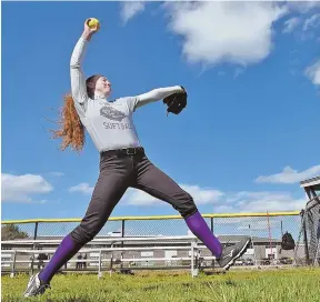  ?? STAFF PHOTO BY PATRICK WHITTEMORE ?? SKY’S THE LIMIT: Kelly Nelson has been twirling gems for coach Wade Lizotte and the Norton softball program for the past three seasons, and the junior already has committed to play at Holy Cross.