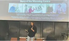  ?? BILL KAUFMANN ?? Rev. Jessica Disabatino speaks Thursday night at a town hall on homeless outreach programs at Journey Church in Calgary.