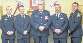  ?? CONTRIBUTE­D ?? The Stellarton Fire Department recently presented several members with Service Awards. From left, firefighte­rs Patrick Ward and Steve Cassidy (five-year service pins); Brian “Tiny” Campbell (45 years) and James “Boobie” MacKenzie and Mike Dean (10-year service pins).