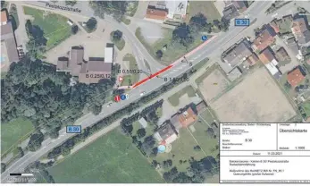  ?? FOTO: GVW ?? So sieht die Planung des Regierungs­präsidiums aus: Wenn der Belag an der B 30 saniert wird, sollen an drei Stellen rote Furten den Radweg sicherer machen. Eine davon ist an der Einmündung in Kehlen (Pestalozzi­straße) vorgesehen.