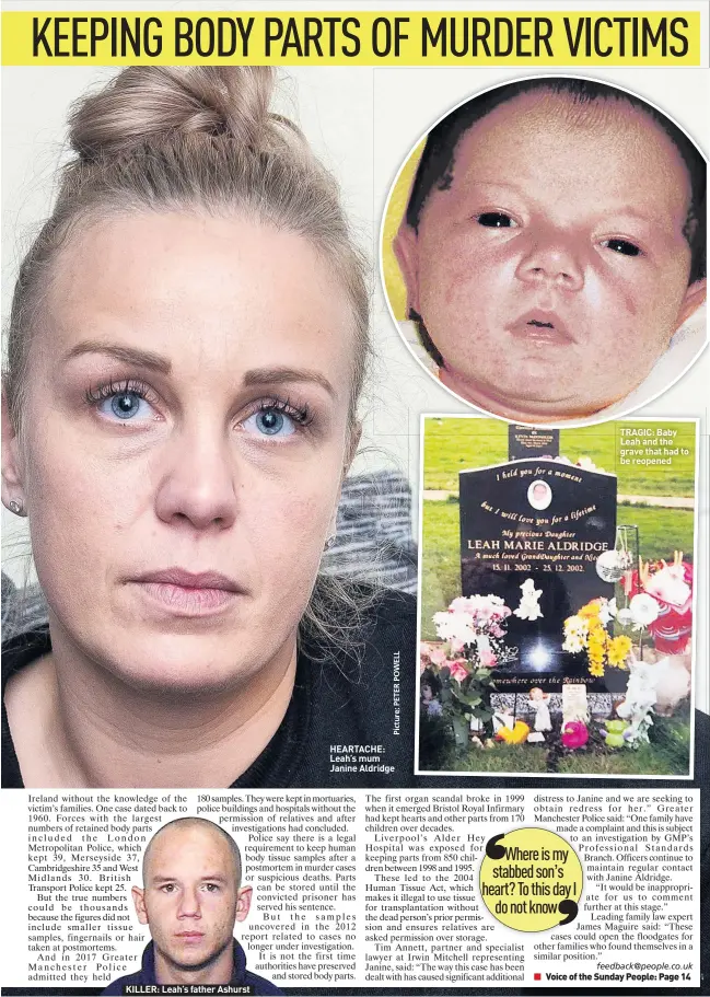  ??  ?? KILLER: Leah’s father Ashurst
HEARTACHE: Leah’s mum Janine Aldridge
TRAGIC: Baby Leah and the grave that had to be reopened