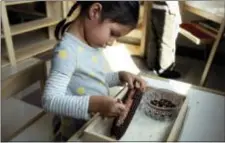  ?? ASSOCIATED PRESS ?? A child in a combined pre-kindergart­en and kindergart­en Wampanoag language immersion class removes kernels from an ear of corn at the Wampanoag Tribe Community and Government Center, in Mashpee, Mass. The Mashpee Wampanoag tribe in Massachuse­tts is in...